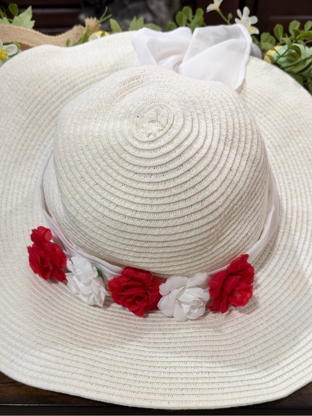 Disney Cream Sun Hat with Red & White Floral Trim